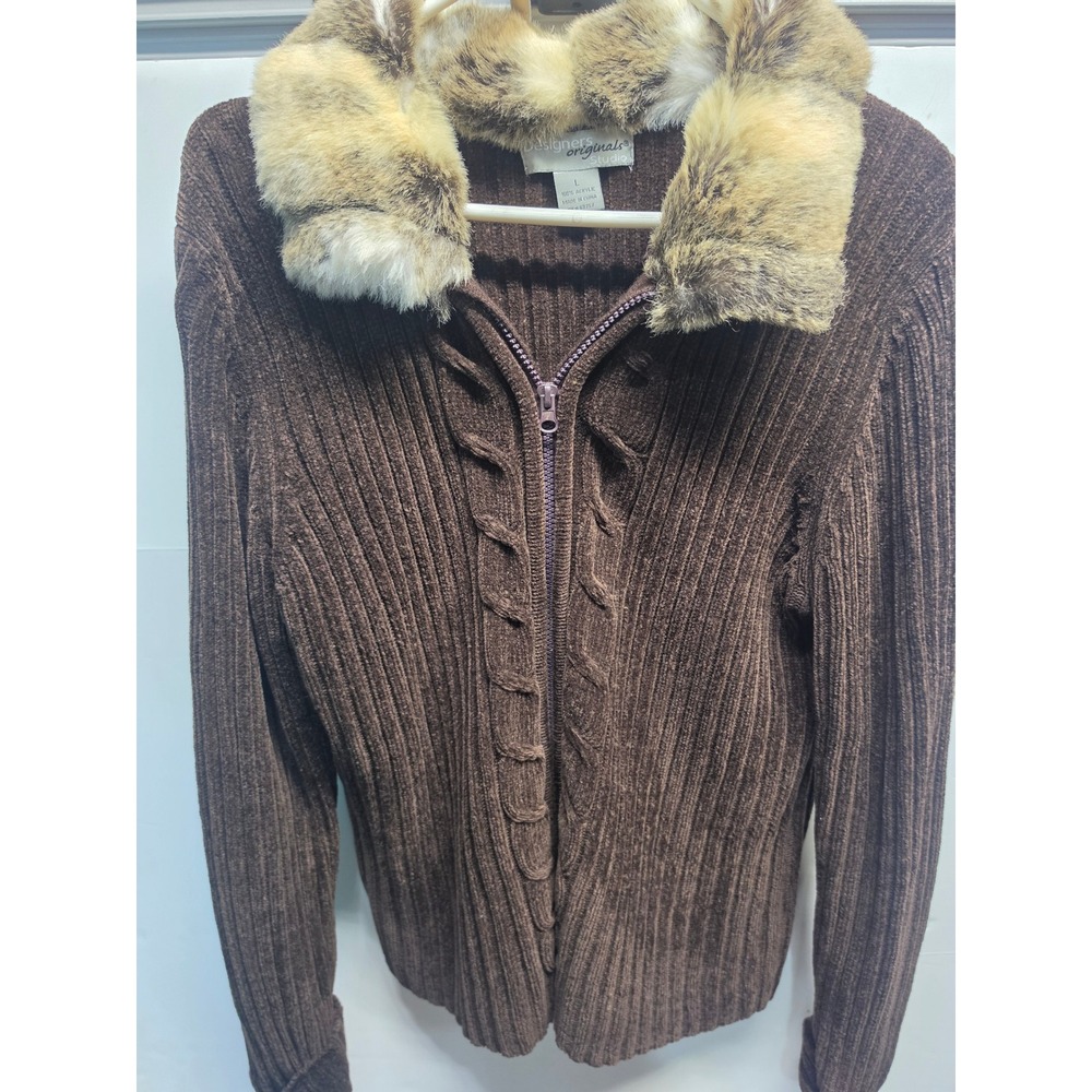 Designers Originals Studio Brown Ribbed Faux Fur Collar Zip Up Cardigan L